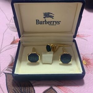 Burberry authentic cufflinks necktie pin blue gold plated octagon